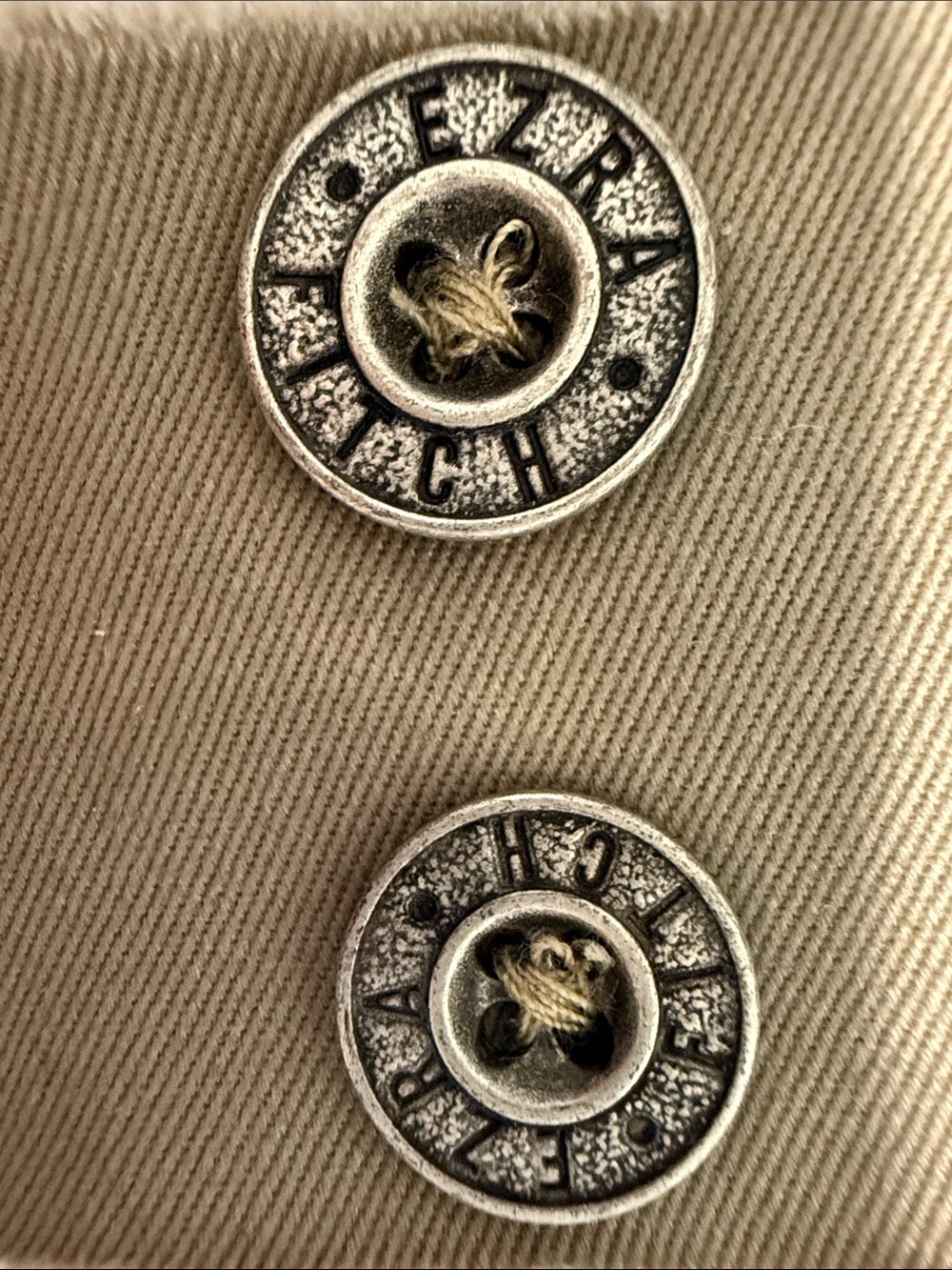 EZRA FITCH Silver-Tone Metal Buttons on Tan Fabric